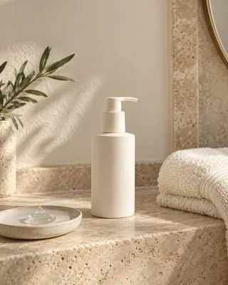 Still produk skincare fiktif di atas batu krem, digunakan sebagai aset draft contoh.